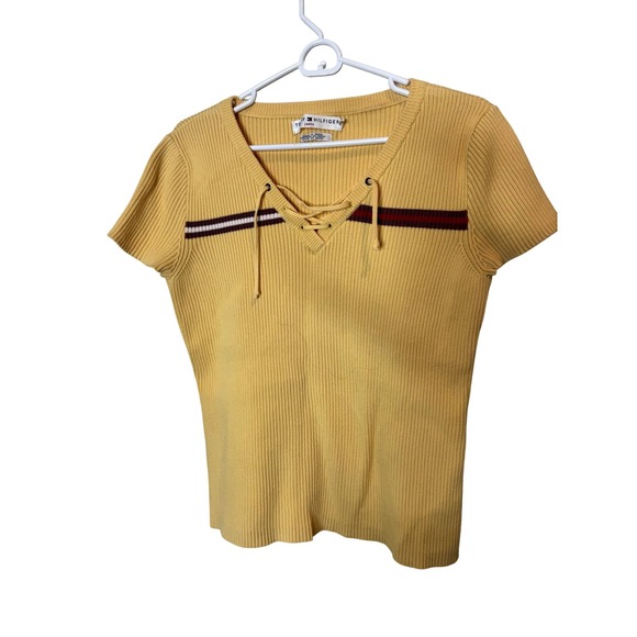 Tommy Hilfiger Tops - Vintage Tommy Hilfiger Shirt Womens‎ XL Yellow Ribbed Lace Up Japan Y2K Top